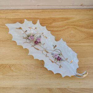 VTG Kalk German Porcelain Leaf Shaped Dish With Gold Trim Hand Painted Roses